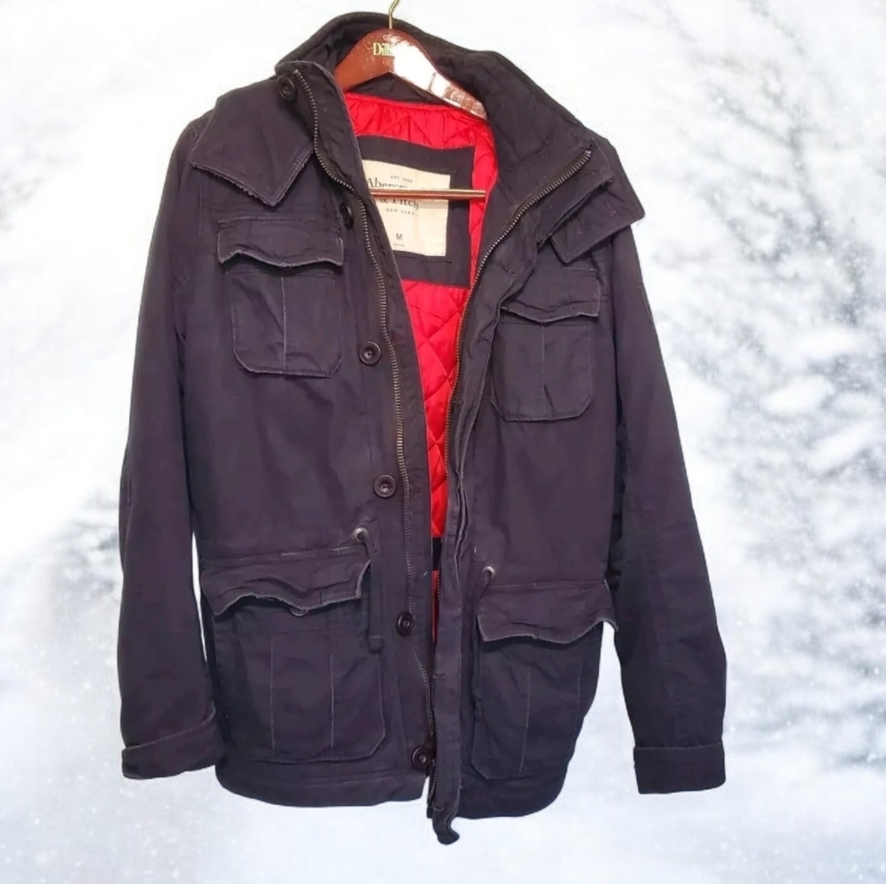 A&F Mens Hooded Winter Jacket Sz M Black w/Red Quilted Lining 3/4 Length Pockets